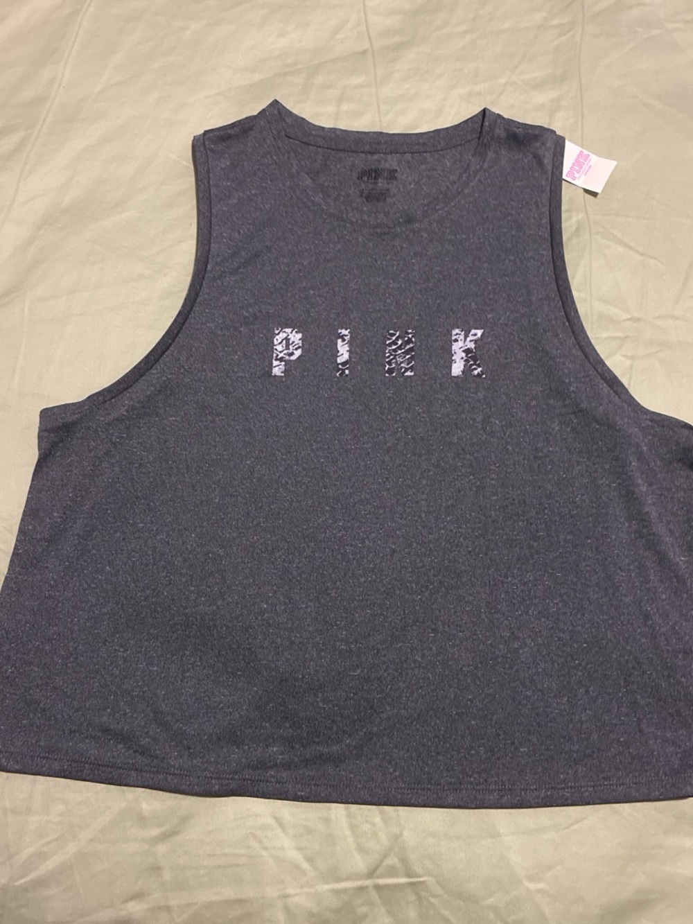 New PINK Victoria's Secret Charcoal Gray Cropped Muscle Tank with Pink Logo